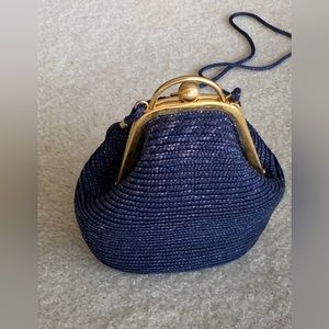 Vintage blue woven small purse / clutch with long rope shoulder strap